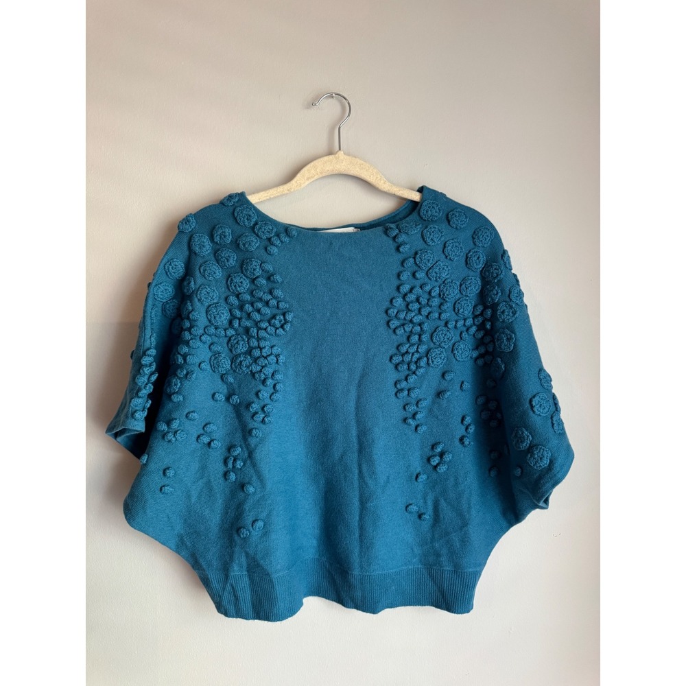 Anne Fontaine Rosemay Teal Blue 100% Wool 3D Floral Bobble Batwing Sweater 38